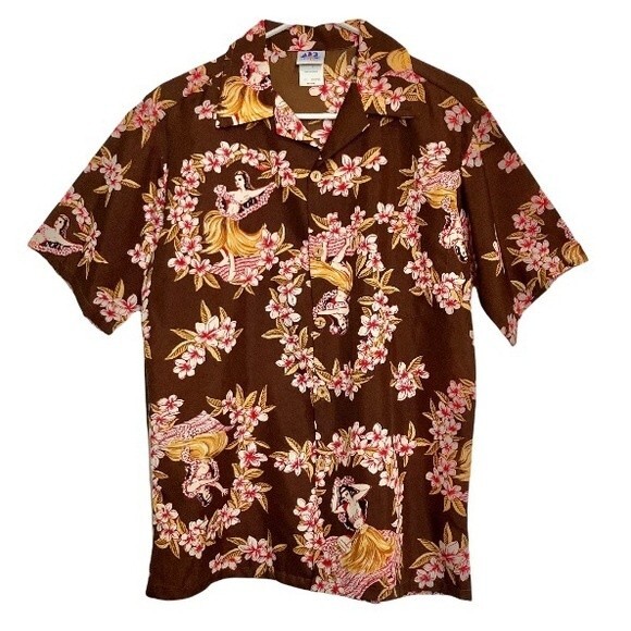 SUNDEK Sexy Hula Girls Surfing Shirt Brown Red Gold Mens Medium - Picture 5 of 14
